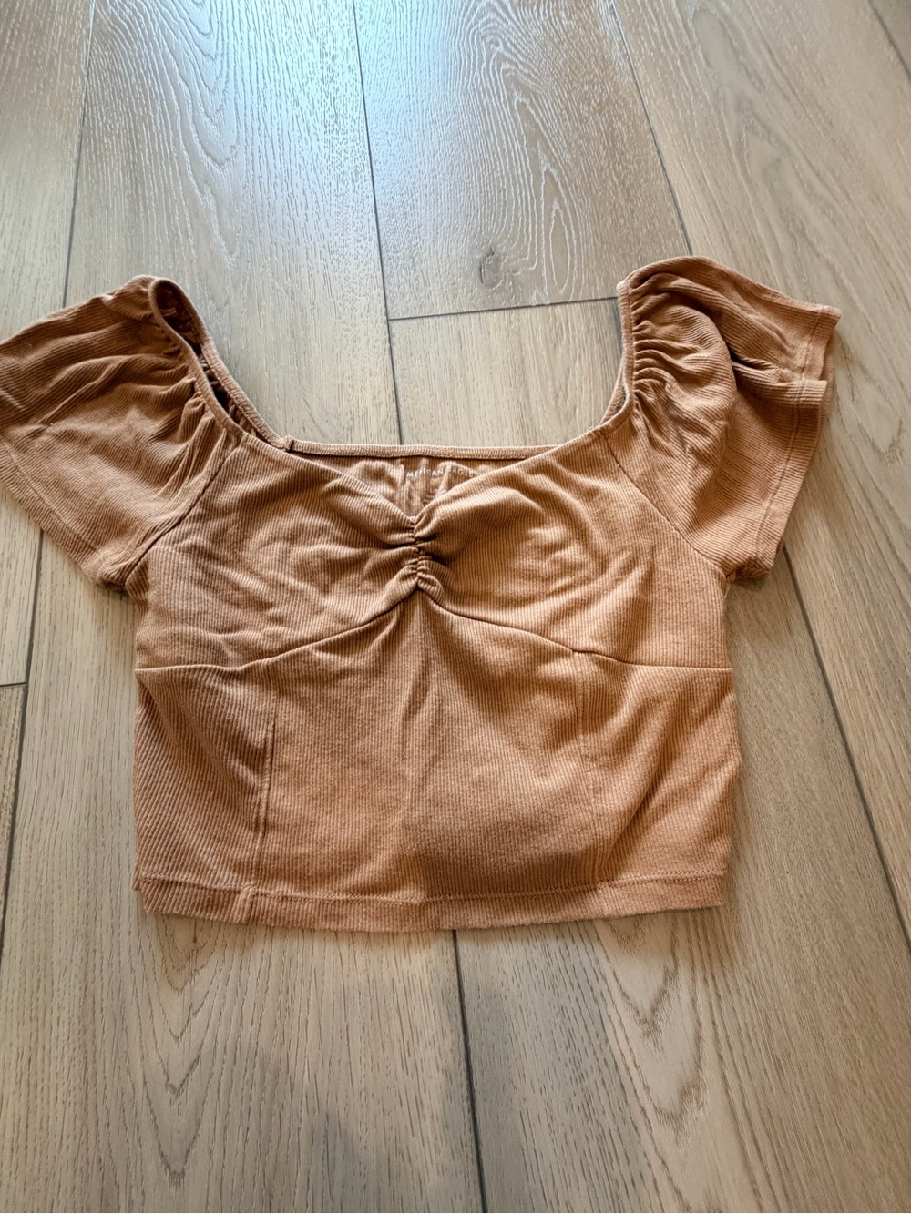 American Eagle Outfitters Ruched Square-Neck Crop Top in Tan Brown